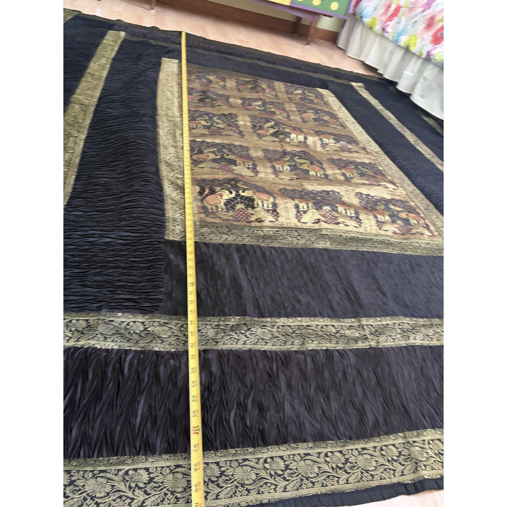Indian Elephant Quilt Bedspread 102x88 Black Gold Silk Look Throw Decor Boho - Picture 6 of 12